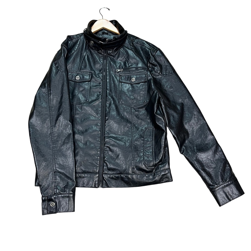 BLACK Moto Jacket Mens Large Black Faux Leather Stand Collar Zip Up Flap Pocket